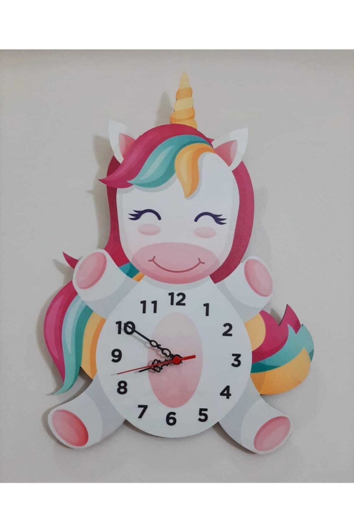 TUĞBArt 40x40 cm Unicorn Model Özel Kesim Çocuk Duvar Saati Renkli Eğlenceli Lazer Kesim Uv Baskılı