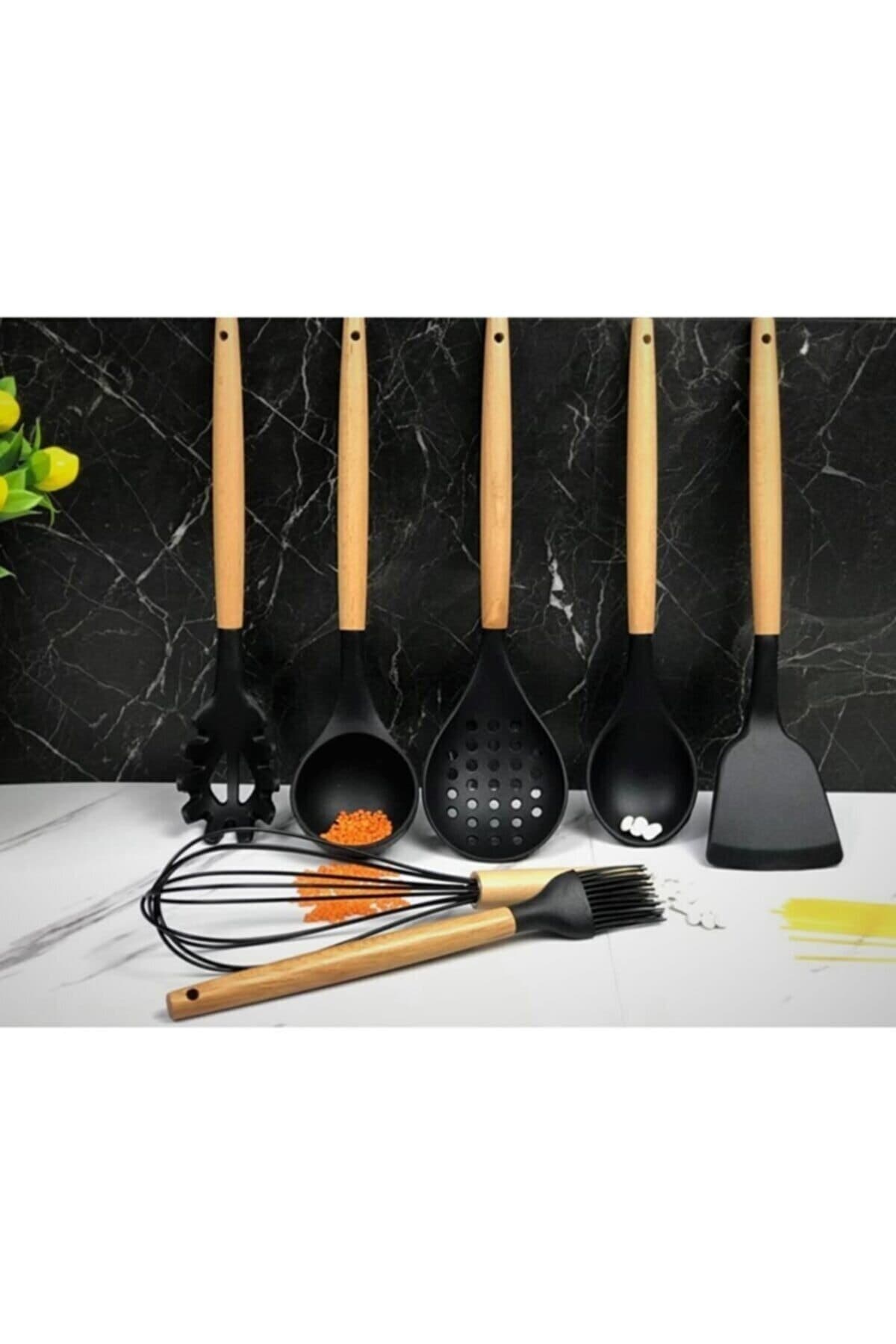morponi 7 Parça Bambu Saplı Silikon Kepçe Spatula Mutfak Seti Siyah