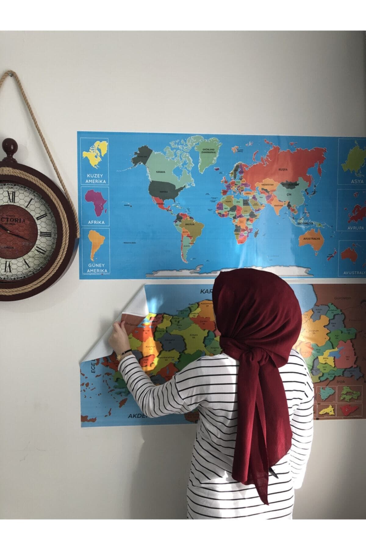 Tutunabilir Kağıt Dekoratif Tablo Eğitici Türkiye Ve Dünya Haritası Set Çocuk Duvar Yazı Tahtası Kağıt Tahta 118x56 Cm
