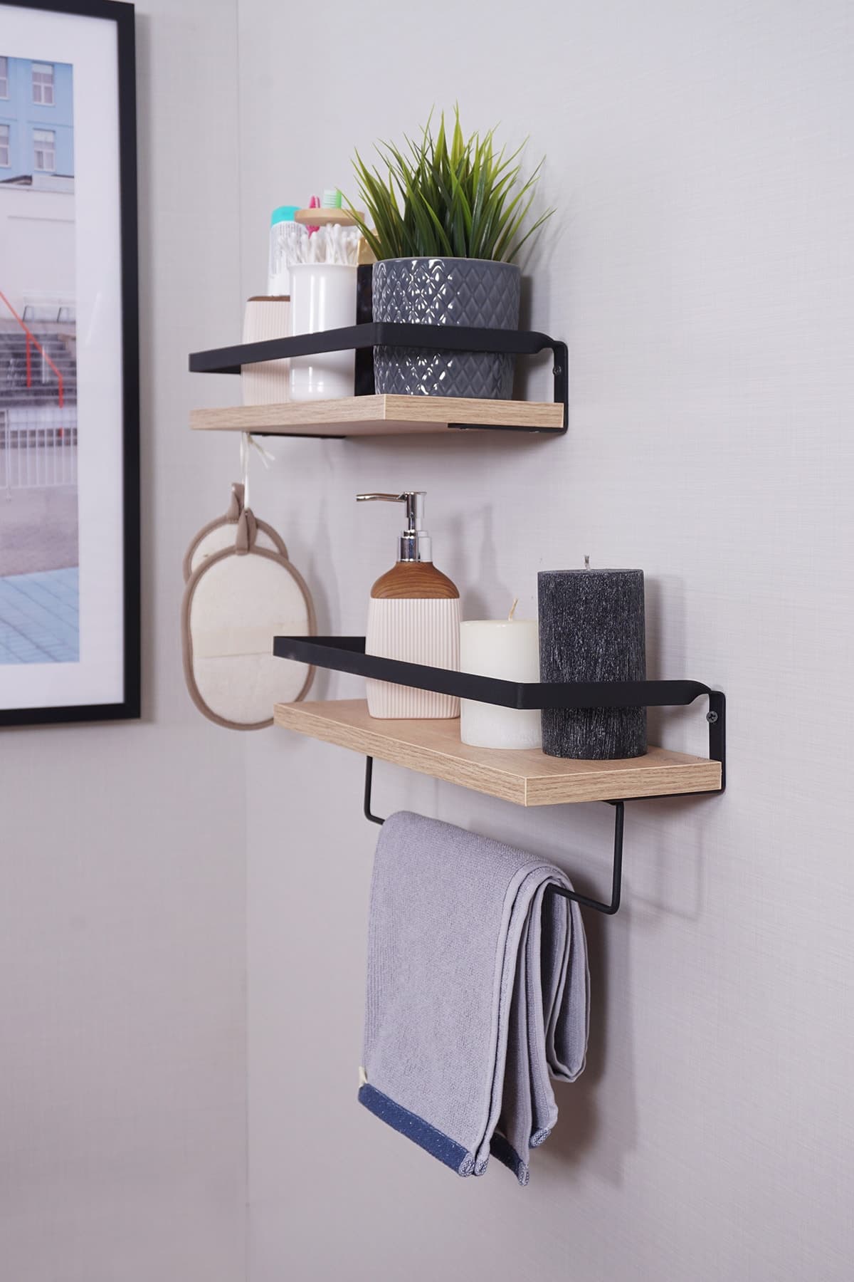 Mudesa Banyo Rafı Ahşap Metal Banyo Havluluk 2 Raflı Duvara Monte Sabunluk
