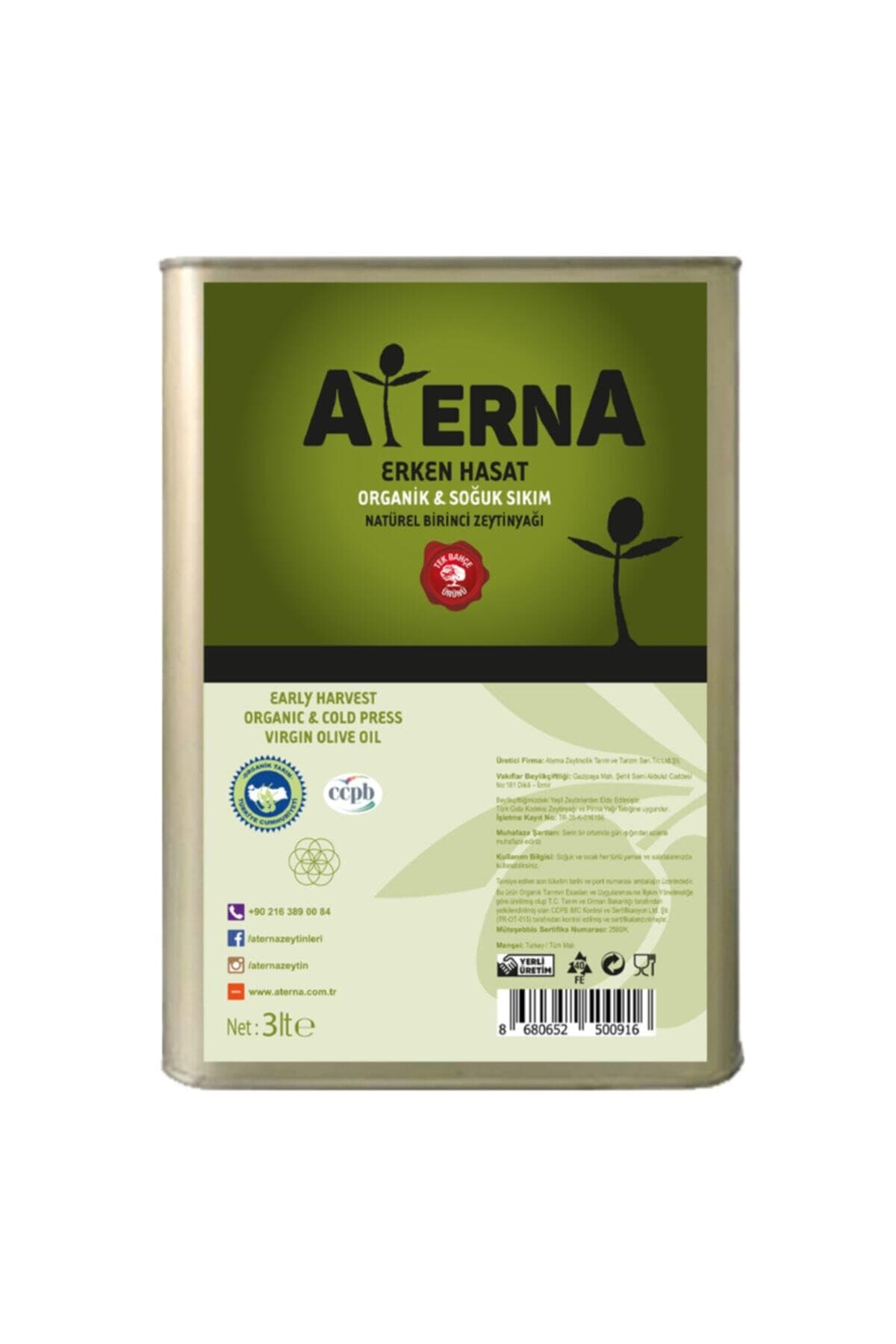 Aterna Beylikçiftliği - Erken Hasat Zeytinyağı - Organik Ve Soğuk Sıkım 3lt