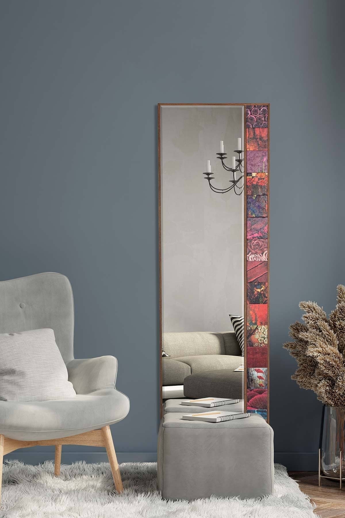 bluecape Marakeş Doğal Ağaç 50x152 Cm Çerçeveli Antik Limra Taş Kaplı Salon Duvar Konsol Ofis Boy Aynası