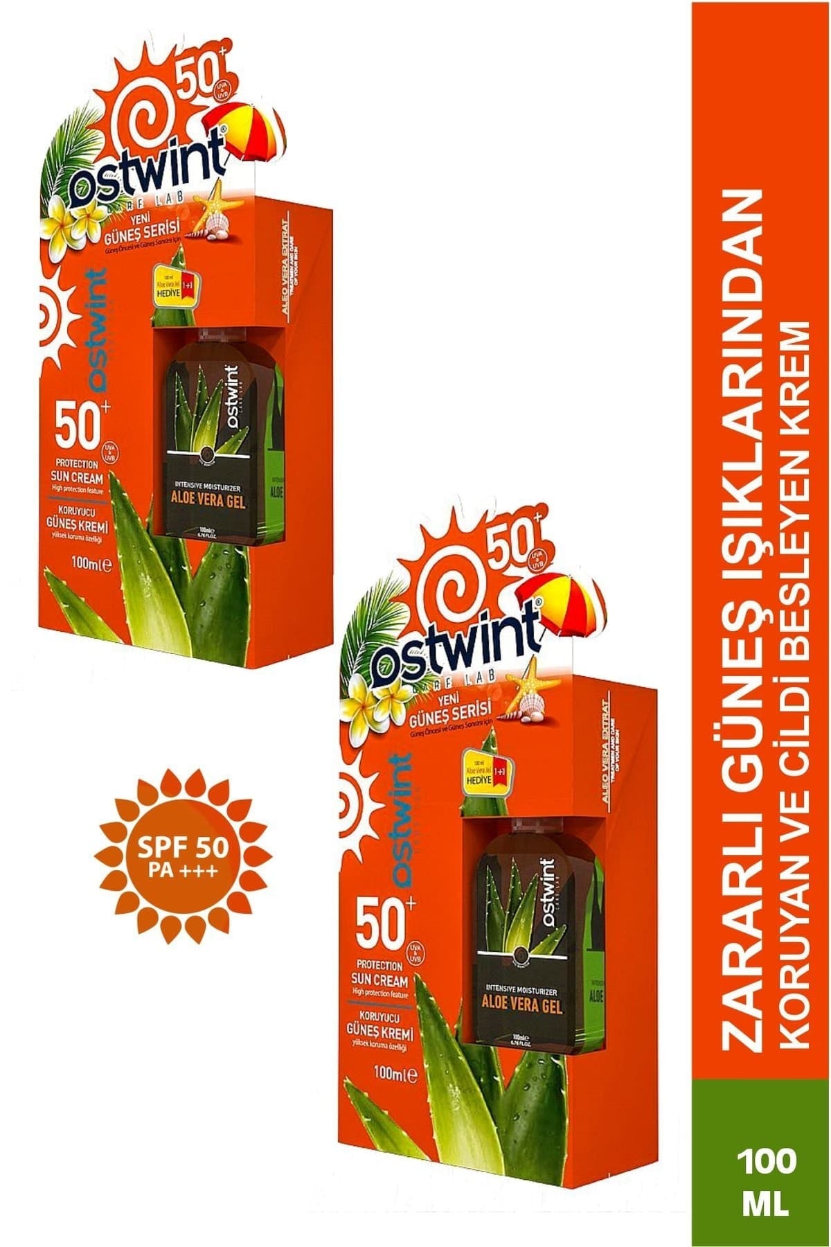 Ostwint Spf 50+ Güneş Kremi 100 Ml E Vitaminli + Aloa Vera Jel 100 Ml ( 2 Kutu )