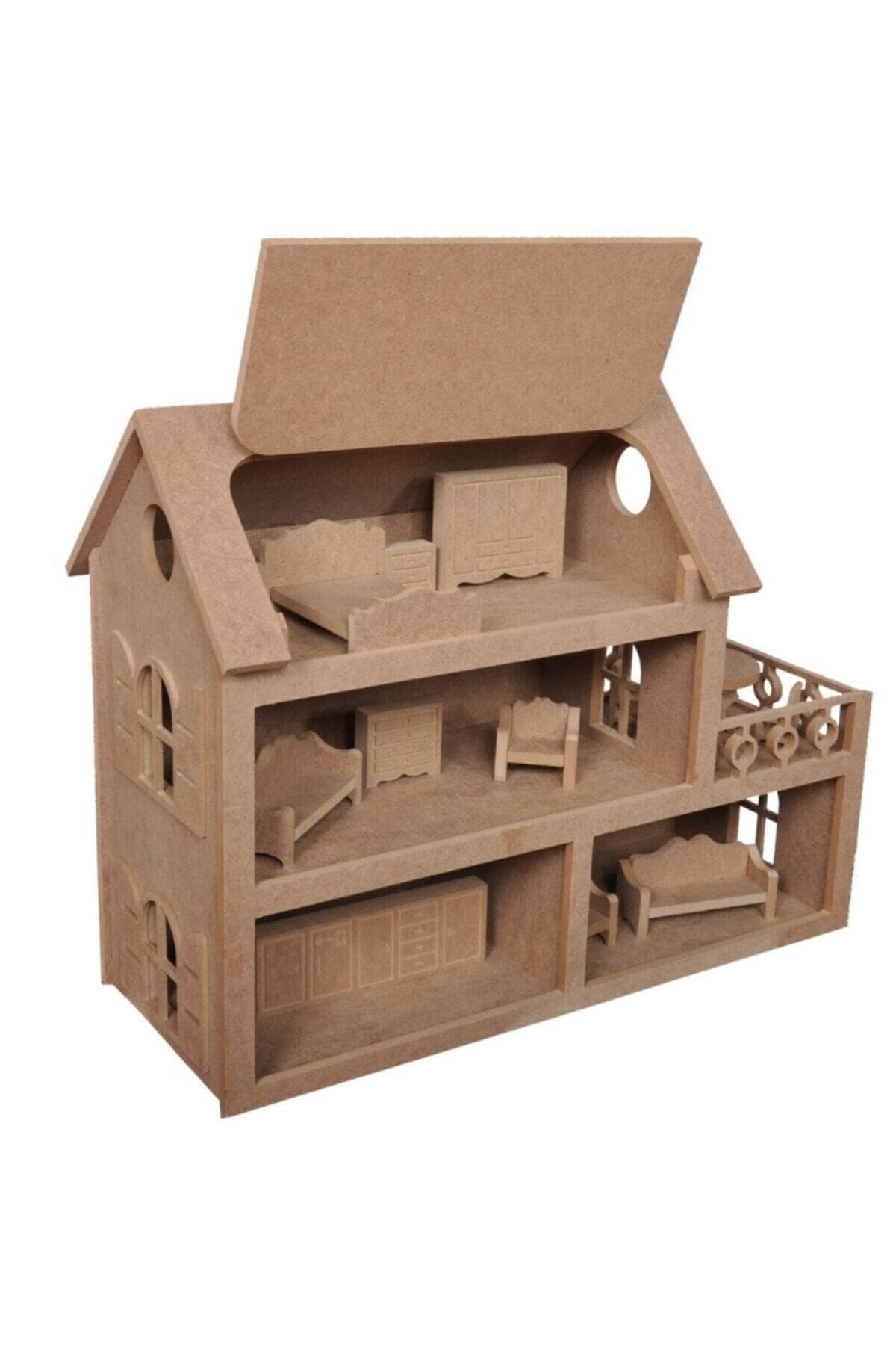 Hedef Ahşap Oyuncak Bebek Evi (15 Adet Mobilyalı)