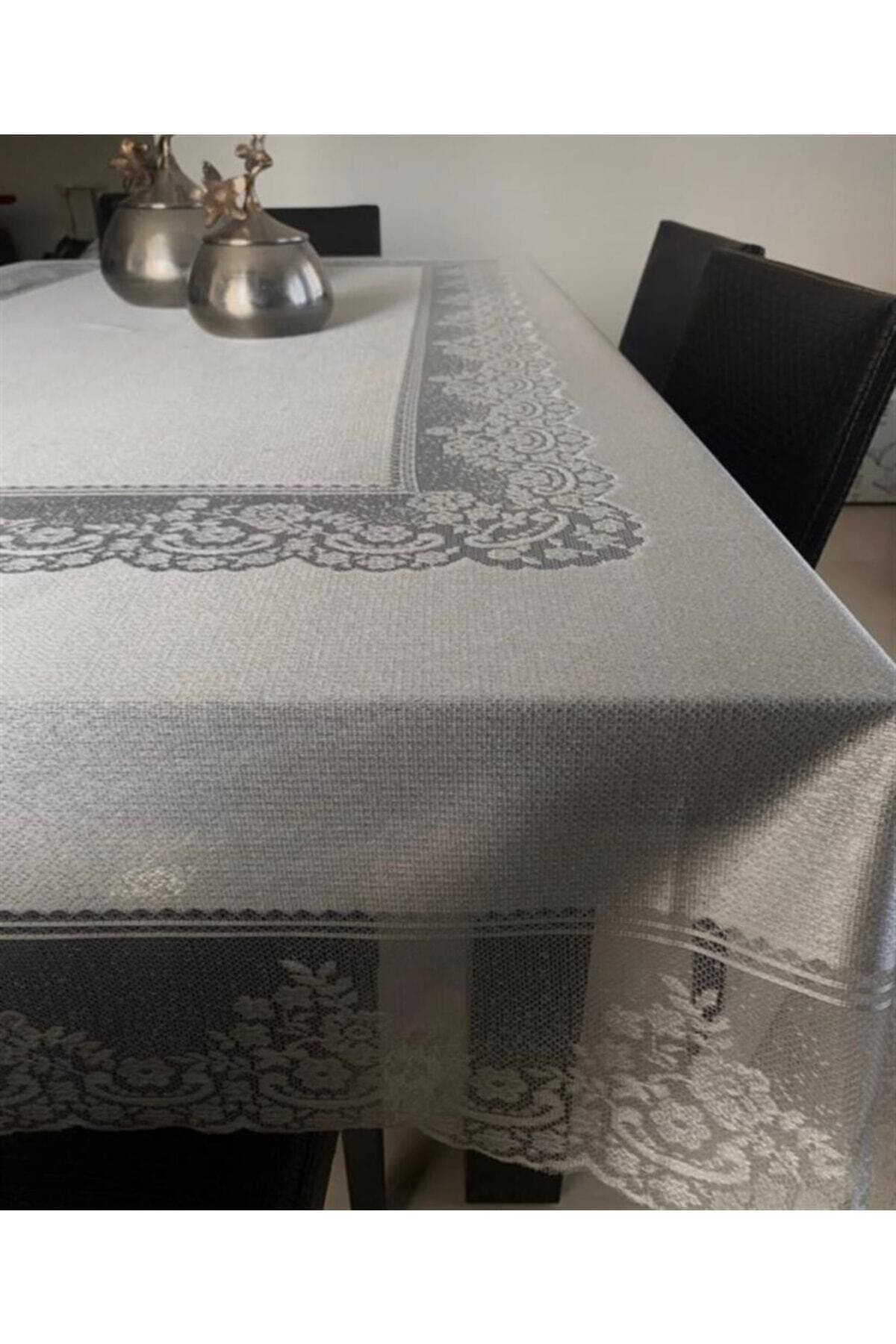 Genel Markalar Dantelli Dertsiz Masa Örtüsü Sosyete0011 Tül Masa Örtüsü Şık Tasarım Gri Renk 160x220cm