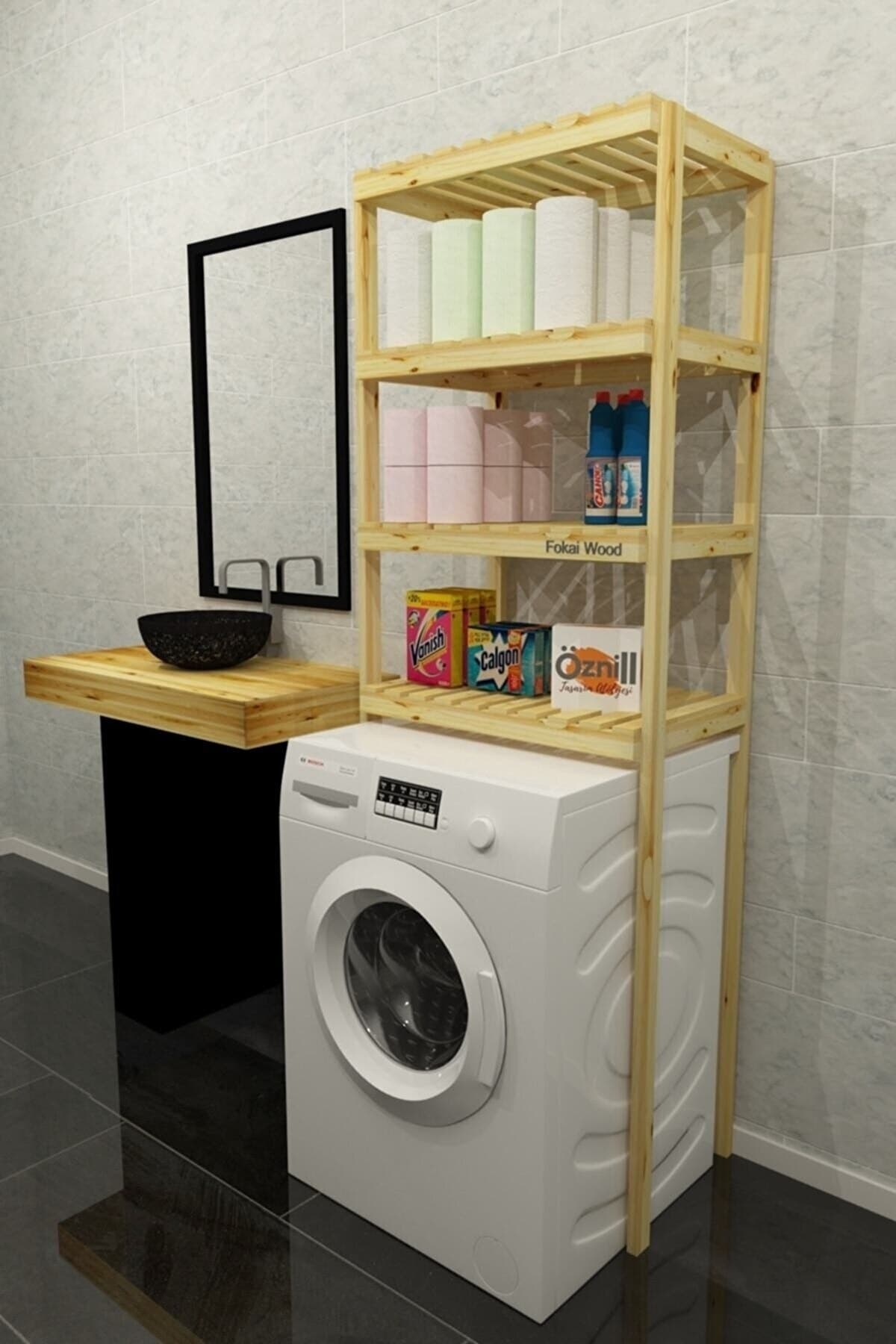 Fokai Wood Qualıty Lıght - Çamaşır Makinesi Için Ahşap El Yapımı Ayarlanabilir Raflı Banyo Organizeri