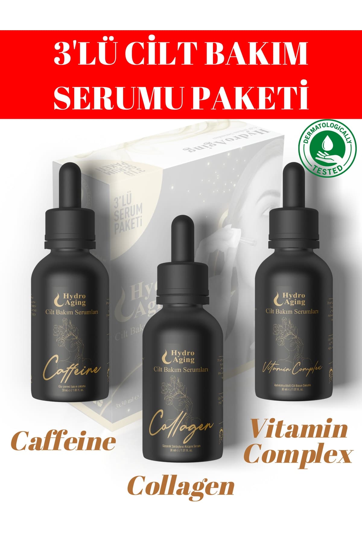 DentBioChem Hydroaging 3'lü Cilt Bakım Serum Paketi Kafein Kolajen Vitamin Kompleks