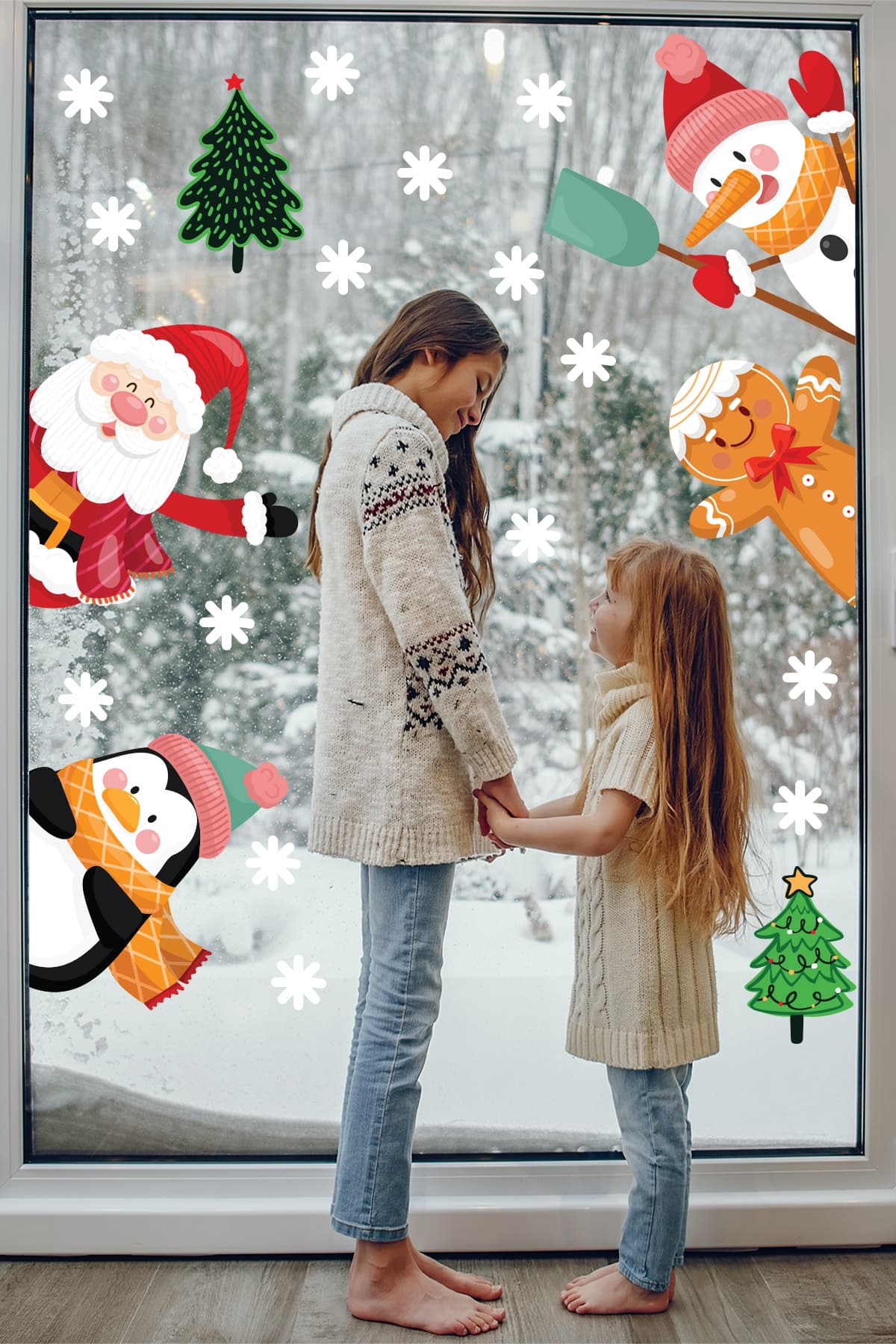 AMORİS Yılbaşı Noel Baba, Penguen, Kardan Adam, Kurabiye Adam Cam, Duvar, Kapı Sticker