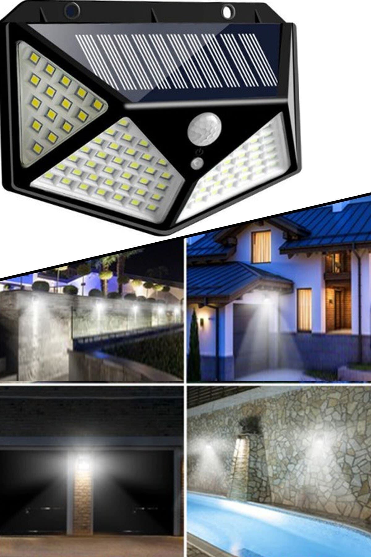 Markafox Işık Sensörlü Güneş Enerjili Solar Duvar Kapı Kamp Bahçe Lambası Fotoselli Projektör 100 Led Lambalı