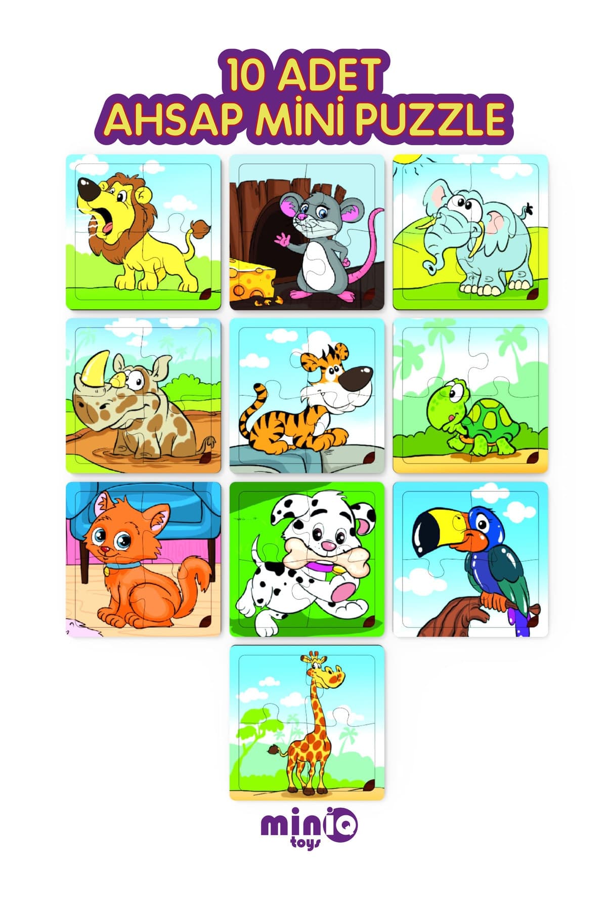 minİQ toys minIQ toys Ahsap 10'lu Mini Puzzle Seti -Afacan Kopek,Saskin Kedi,Gurultucu Aslan,Cuce Zurafa...