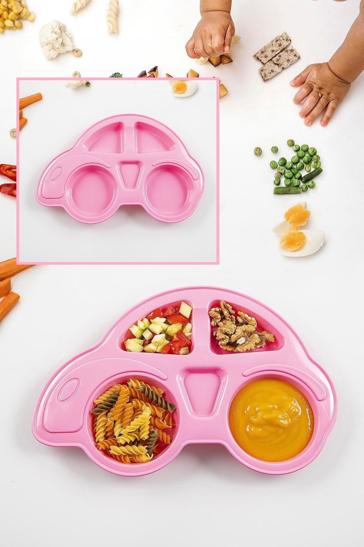 Bayev Araba Model Mama Tabağı - Pembe Bebek Ve Çocuk Bölmeli Bebe Yemek Tabağı