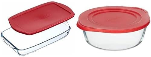Paşabahçe Borcam Yuvarlak Tencere Plastik Kırmızı Kapaklı, 2100 cc + Kırmızı Plastik Kapaklı, Şeffaf Cam Fırın Kabı, 33 cm