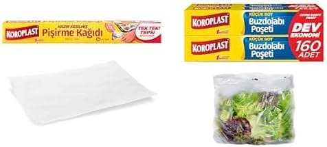 Koroplast Seti | Hazır Kesilmiş Pişirme Kağıdı 16 adet 42x37 cm, x1 + Küçük Boy Buzdolabı Poşeti Dev Ekonomi 160’lı, x1