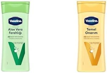 Vaseline Vücut Losyonu Aloe Vera Ferahlığı Kuru Ciltler İçin 200 ml ve Vaseline Vücut Losyonu Temel Onarım Kuru Ciltler İçin 200 ml