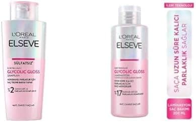 LORÉAL PARIS Seti | Elseve Glycolic Gloss Mükemmel Parlaklık için Bakım Yapan Şampuan 200 ml x1 + Elseve Glycolic Gloss Parlaklığı Saça Mühürleyen Laminasyon 5 Dakikada Durulanan Bakım 200 ml x1