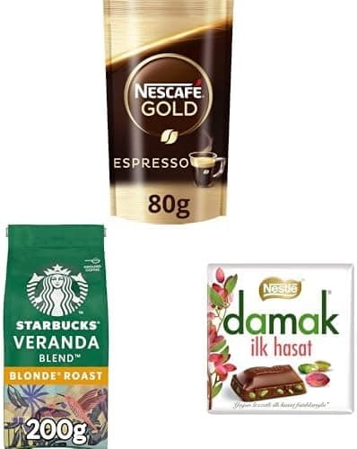 Nescafé Gold Espresso Kahve Ekonomik Paket 80 g x 2, Starbucks Veranda Blend Öğütülmüş Kahve 200 g x 1, Nestlé Damak İlk Hasat Sütlü Antep Fıstıklı Kare Çikolata 60 g x 3