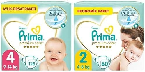 Prima Bebek Bezi Premium Care 4 Beden 126 Adet Maxi Aylık Fırsat Paketi & Prima Bebek Bezi Premium Care 2 Beden 60 Adet Mini Jumbo Paket