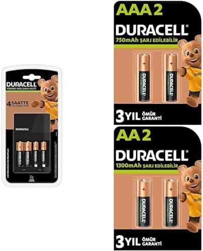 Duracell Cef14 Pil Şarj Cihazı + 2 AA 1300 mAh ve 2 AAA 750 mAh Şarj Edilebilir Kalem Piller (4x1300 AA + 4x750AAA)
