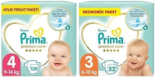 Prima Bebek Bezi Premium Care 4 Beden 126 Adet Maxi Aylık Fırsat Paketi & Prima Bebek Bezi Premium Care 3 Beden 52 Adet Midi Jumbo Paket