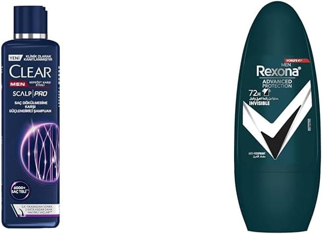 Clear Men Scalp Pro Güçlendirici Şampuan Saç Dökülmesine ve Kepeğe Karşı Etkili 300 ml + Rexona Üstün Koruma Erkek Roll On Deodorant Invisible 72 Saat Kesintisiz Koruma 50 ml