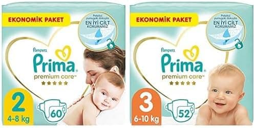 Prima Bebek Bezi Premium Care 2 Beden 60 Adet Mini Jumbo Paket & Prima Bebek Bezi Premium Care 3 Beden 52 Adet Midi Jumbo Paket