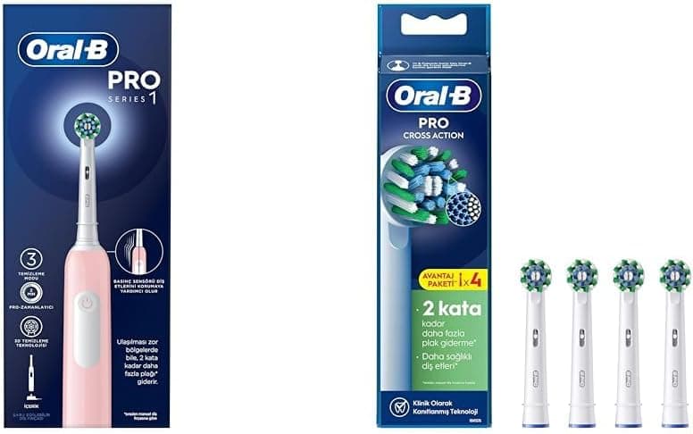Oral-B Pro Series 1 Pembe Elektrikli Diş Fırçası, 1 Diş Fırçası Başlığı, Braun Tasarımı + Oral-B Cross Action X-Filament Şarjlı Diş Fırçası Yedek Başlığı 4 Adet
