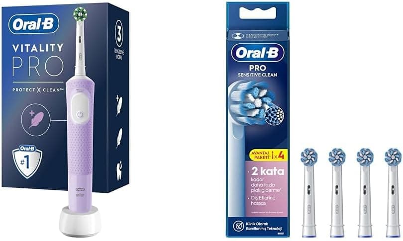 Oral-B Şarjlı/Elektrikli Diş Fırçası Vitality Pro Lila Koruma ve Temizlik + Oral-B Sensitive X-Filament Şarjlı Diş Fırçası Yedek Başlığı 4 Adet