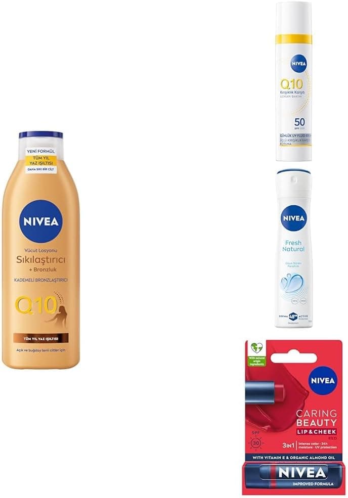 NIVEA Q10 SPF50 Gündüz Yüz Krem 40ml, Sıkılaştırıcı Bronzluk Losyon 250ml,Kırmızı Dudak Kremi ve Deodorant