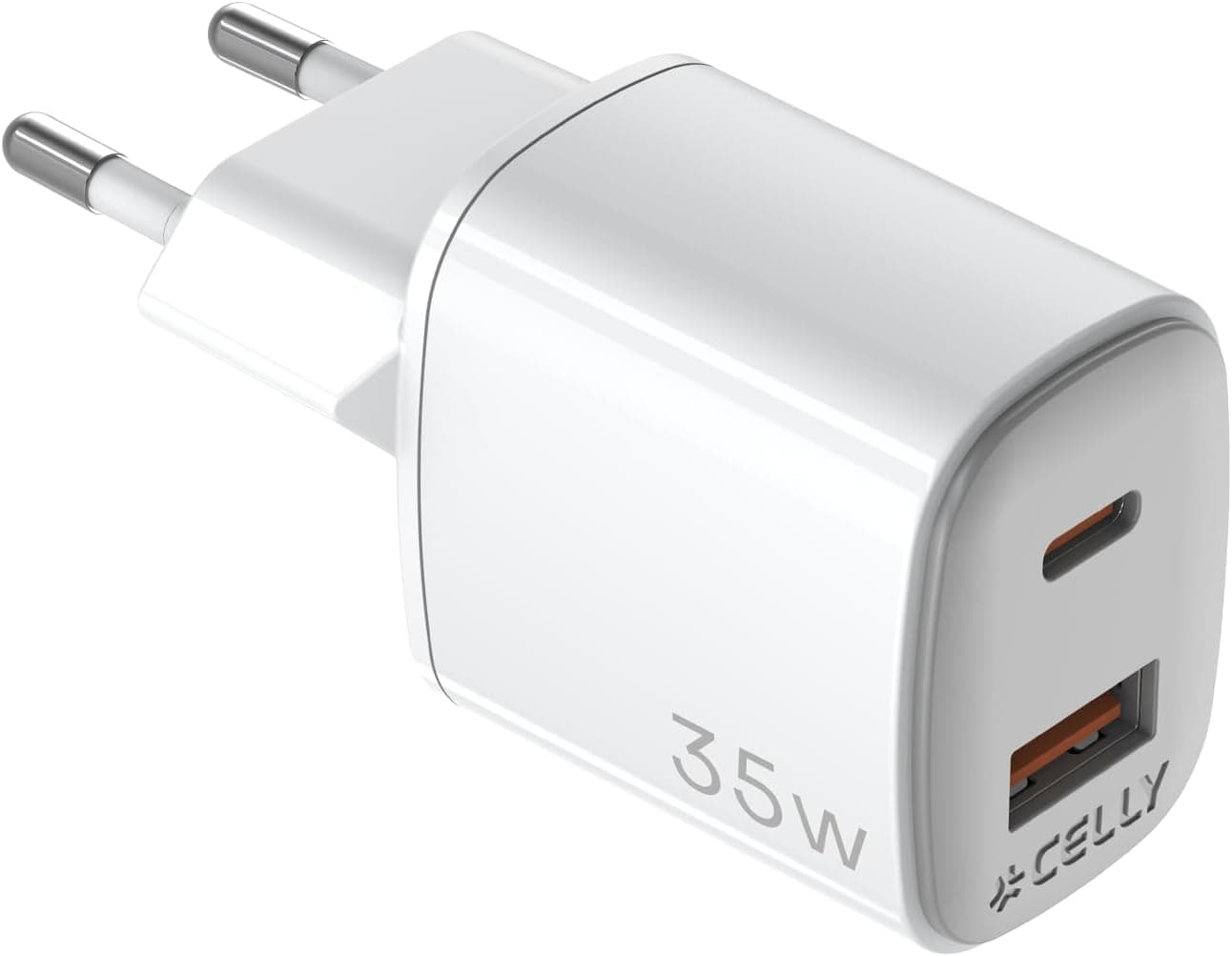 Celly UP TC 35W Duvar Şarj Cihazı – 1x USB-A ve 1x USB-C Çıkışlı, Hızlı Şarj Destekli, Taşınabilir ve Güvenli Beyaz Adaptör