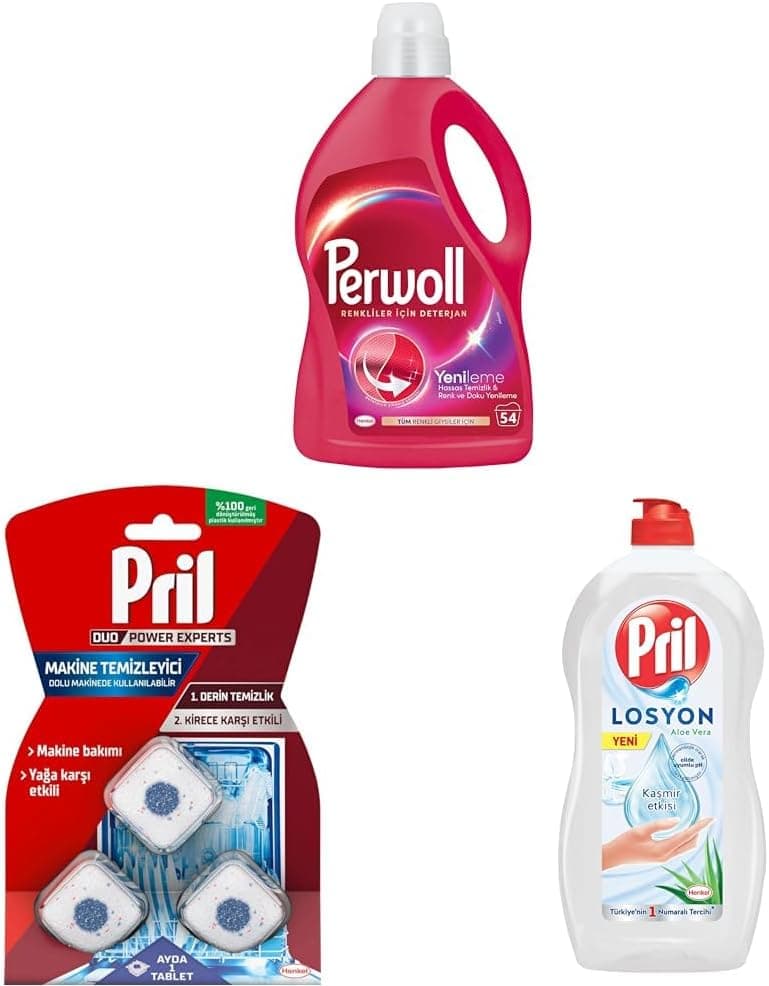 Perwoll Geliştirilmiş Renkli + Pril Duo Power Experts Kirece Karşı Etkili 3 Tablet + Pril Losyon Aloe Vera Özlü Kaşmir Etkisi ile Cilde Uyumlu