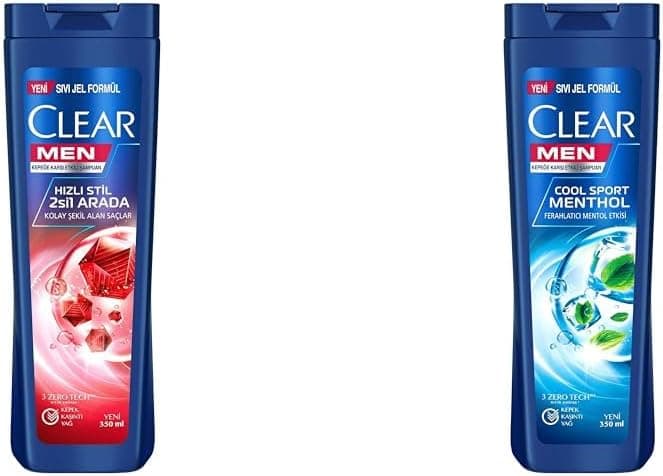 Clear Men Kepeğe Karşı Etkili Şampuan Hızlı Stil 2si 1 Arada Kolay Şekil Alan Saçlar 350 ml Mavi(1) Clear Men Kepeğe Karşı Etkili Şampuan Cool Sport Menthol Ferahlatıcı Mentol Etkisi 350 ml(2)