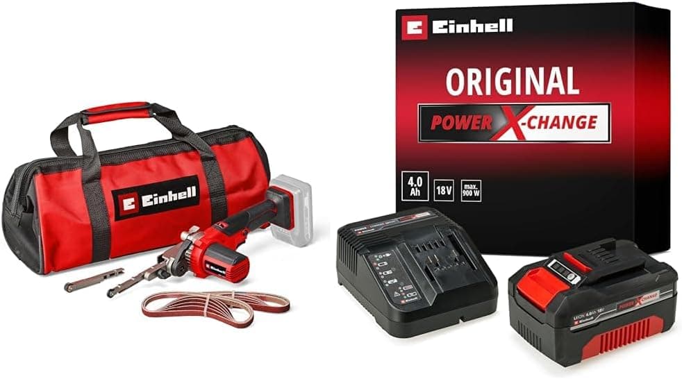 Einhell TE-BF 18 Li - Solo, Akülü Bant Eğe + Einhell 18V 4,0 Ah PXC Starter Kit, Akü & Şarj Cihazı
