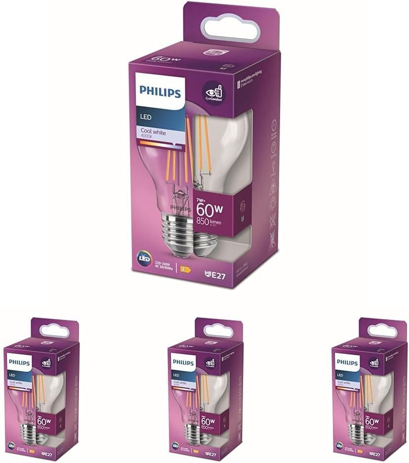 Philips LED Classic 60W A60 Filament Ampul, 4000K Gün Işığı, E27 Normal Duy, Dim Edilmez 4lü paket