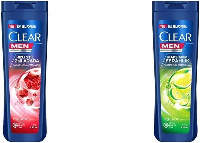 Clear Men Kepeğe Karşı Etkili Şampuan Hızlı Stil 2si 1 Arada Kolay Şekil Alan Saçlar 350 ml Mavi(1) Clear Men Maksimum Ferahlık Yağlı Saç Derisi İçin Limon Özlü Kepeğe Karşı Etkili Şampuan 350 ml(1)
