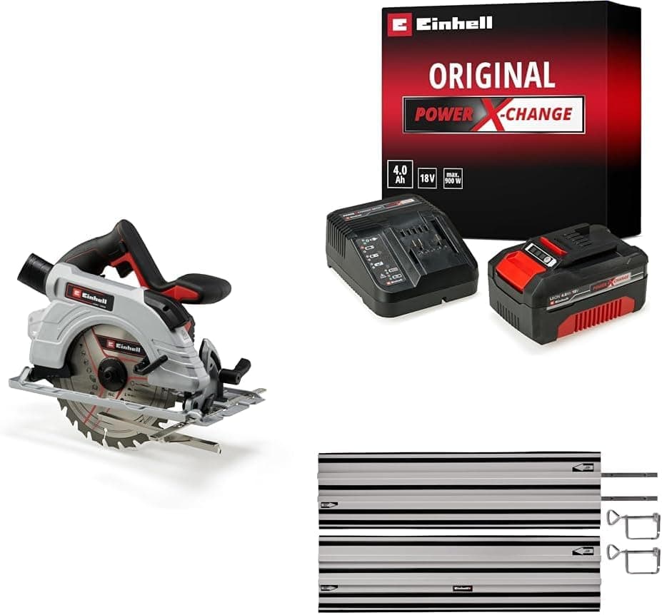 Einhell TE-CS 18/190 Li BL - Solo, Kömürsüz Akülü Daire Testere + 18V 4,0 Ah PXC Starter Kit, Akü ve Şarj Cihazı + Alüminyum Daire Testere Rayı 2x1000 mm