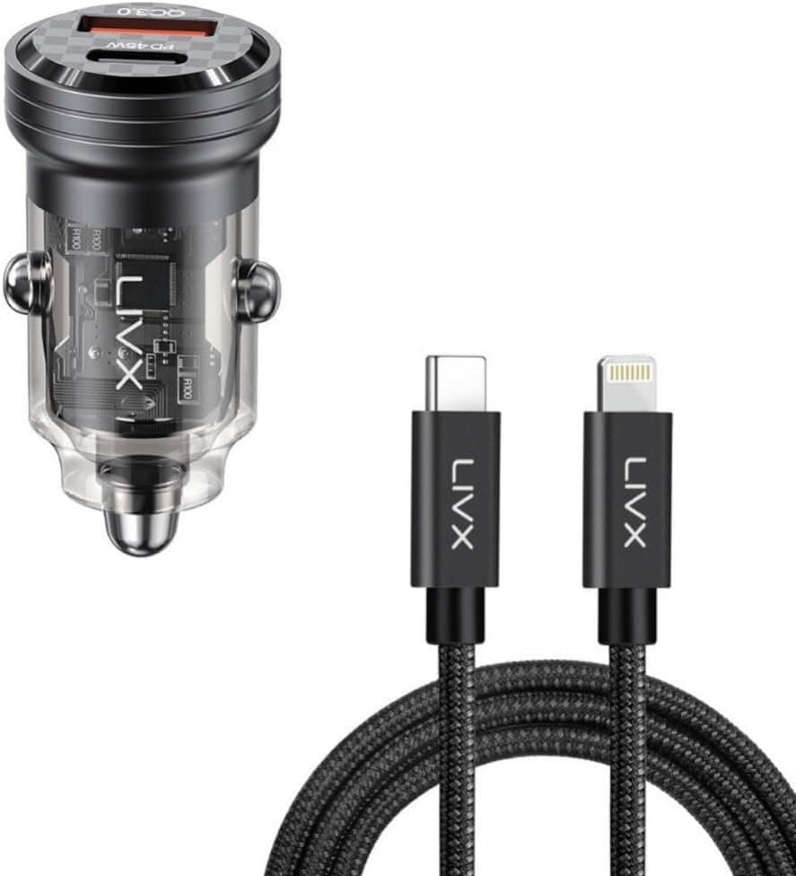LivX Transparent 45W PD/QC Mini Araç şarj Cihazı ve 1 Metre iPhone Hızlı Şarj Kablosu L35 - BLT-00