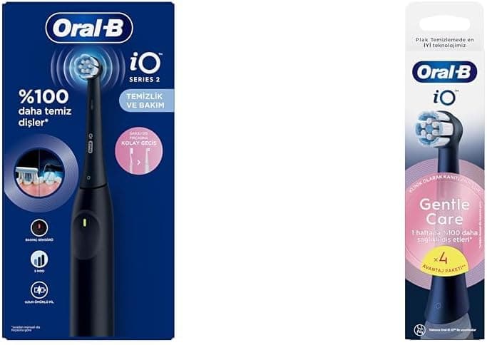 Oral-B iO 2 Şarjlı Diş Fırçası – Gece Siyahı + Oral-B iO Gentle Care Siyah Diş Fırçası Yedek Başlığı 4 Adet