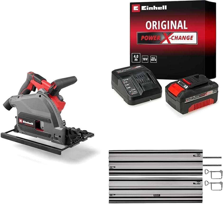 Einhell TP-PS 18/165 Li BL - Solo Akülü Daldırma Testeresi + 18V 4,0 Ah PXC Starter Kit, Akü ve Şarj Cihazı + Alüminyum Daire Testere Rayı 2x1000 mm