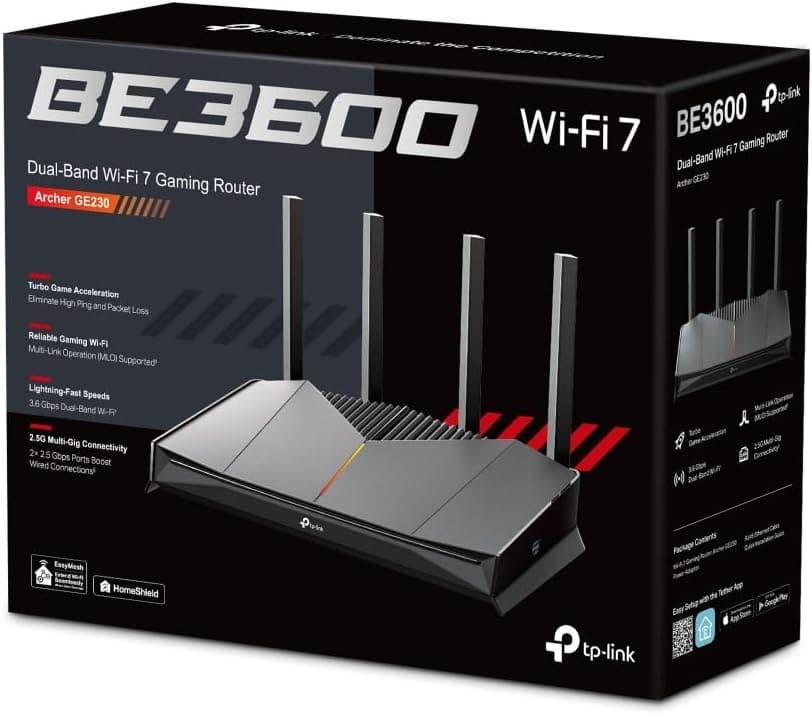 TP-Link Archer GE230 Wi-Fi 7 Oyuncu Yönlendicisi, 3.6 Gbps, 2.5G Portlu, MLO ve 4K-QAM Teknolojili, RGB Aydınlatmalı, EasyMesh Uyumlu