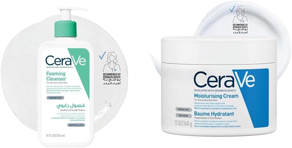 CeraVe Yüz Bakım Seti: Kuru Ciltlere Özel Nemlendirici Krem 340 gr & Köpüren Temizleyici 236 ml