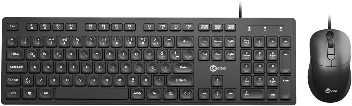 Lecoo CM102 USB Kablolu Türkçe Tuş Dizilimi, Sıvı Dökülmesine Dayanıklı Sağ ve Sol Elle Kullanıma Uygun Tam Boyutlu 2400DPI Optik Fare Türkçe Q Klavye & Mouse Set Siyah