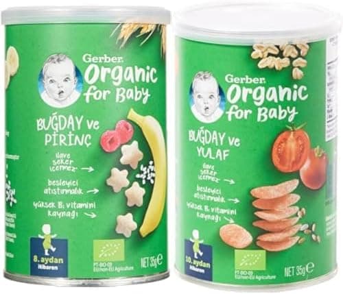 Gerber Organik Pirinçli, Buğdaylı, Muzlu ve Ahududulu Bebek Atıştırmalığı 35 g x 5 ve Gerber Organik Buğday ve Yulaflı Domates, Havuç ve Soğanlı Bebek Atıştırmalığı 35 g x 5