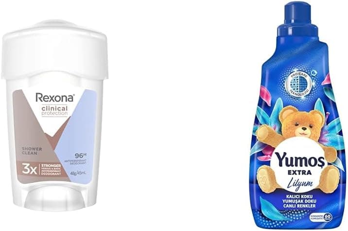 Rexona Clinical Protection Kadın Stick Deodorant Shower Clean 45 ml(1) Yumoş Extra Lilyum 60 Yıkama Konsantre Çamaşır Yumuşatıcısı (1 x 1440 ml)(2)