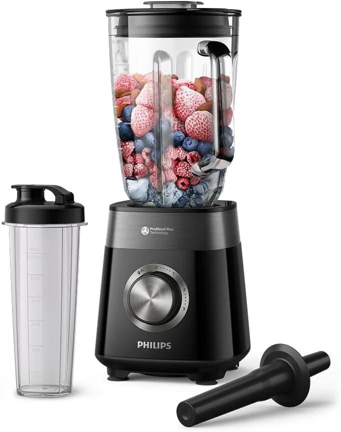 Philips Blender Series 5000 - Güç 1200W, Cam Hazne, 2L Toplam Kapasite, 3 Hız + Pulse, Karıştırma ve Yanınızda Götürme İçin Şişe Dahil, Kolay Temizlik, Siyah (HR3031/00)