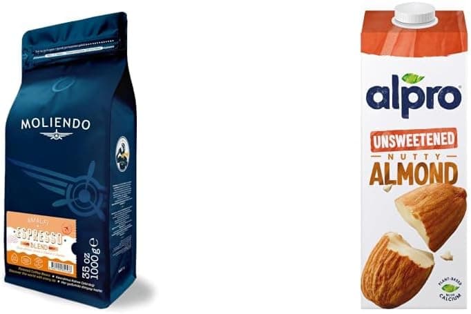 Moliendo Finest Coffee Amalfi Espresso Blend Kahve (Çekirdek) 1000 g ve Alpro Şekersiz Badem Bitki Bazlı İçecek 1L (2 Adet) | Kahve & Süt Alternatifi Bundle Seti