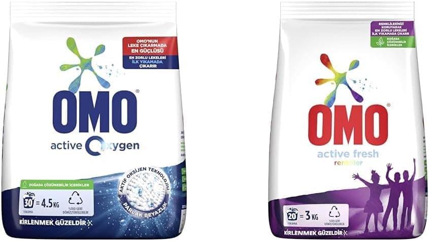 Omo Active Oxygen Toz Çamaşır Deterjanı Beyazlar için, 4.5 kg (1) Omo Active Fresh Toz Çamaşır Deterjanı Renkliler 3 kg 20 Yıkama(1)
