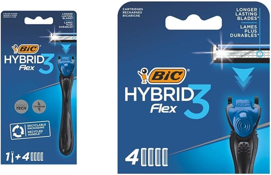 BIC Hybrid 3 Flex 1 Sap & 4 Başlık Erkek Tıraş Bıçağı ve 4lü Yedek Tıraş Bıçağı Kartuşu Seti