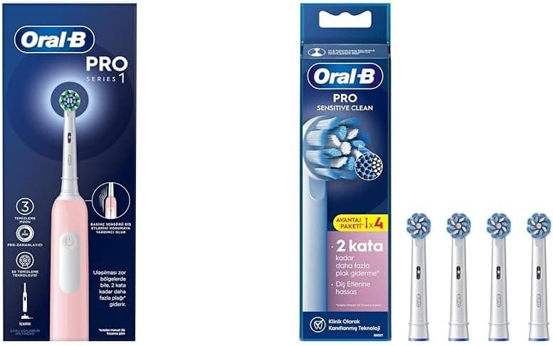 Oral-B Pro Series 1 Pembe Elektrikli Diş Fırçası, 1 Diş Fırçası Başlığı, Braun Tasarımı + Oral-B Sensitive X-Filament Şarjlı Diş Fırçası Yedek Başlığı 4 Adet