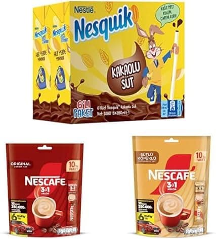 Nesquik Kakaolu Süt 6lı Paket x 3, Nescafe 3ü 1 Arada Original Çözünebilir Kahve Karışımı 10lu Paket x 2, Nescafé 3ü 1 Arada Sütlü Köpüklü Çözünebilir Kahve Karışımı 10lu x 1