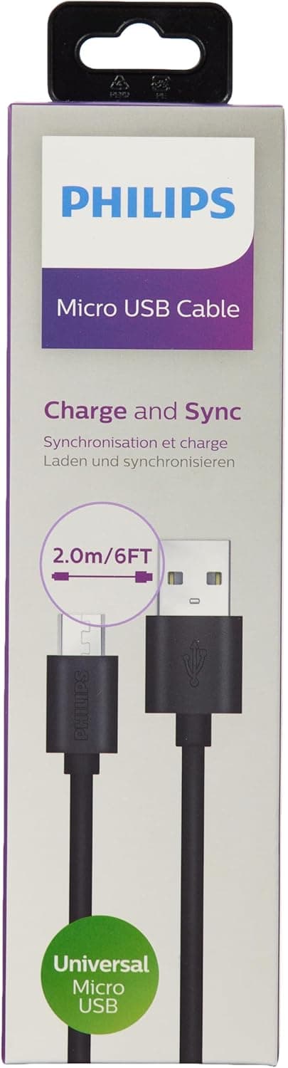 Philips Usb-Micro Usb Şarj Kablosu, 2 Metre, Pvc, Siyah (Dlc3106U/00)